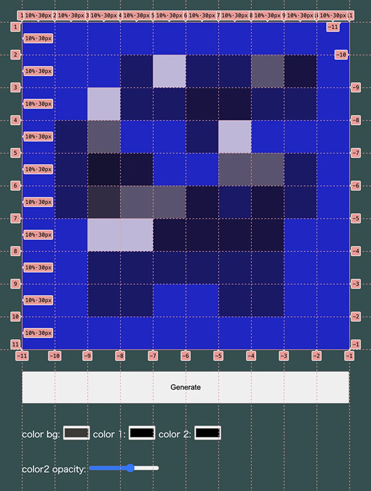 初期のプロトタイプのスクリーンショット。CSS Grid のガイドが表示されている