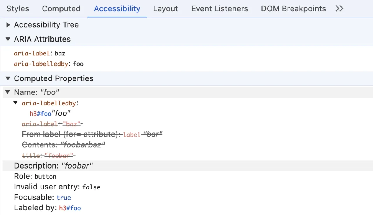 Google Chrome のデベロッパーツールのスクリーンショット。Name は `aria-labelledby` 属性で指定した "foo" が指定されている
