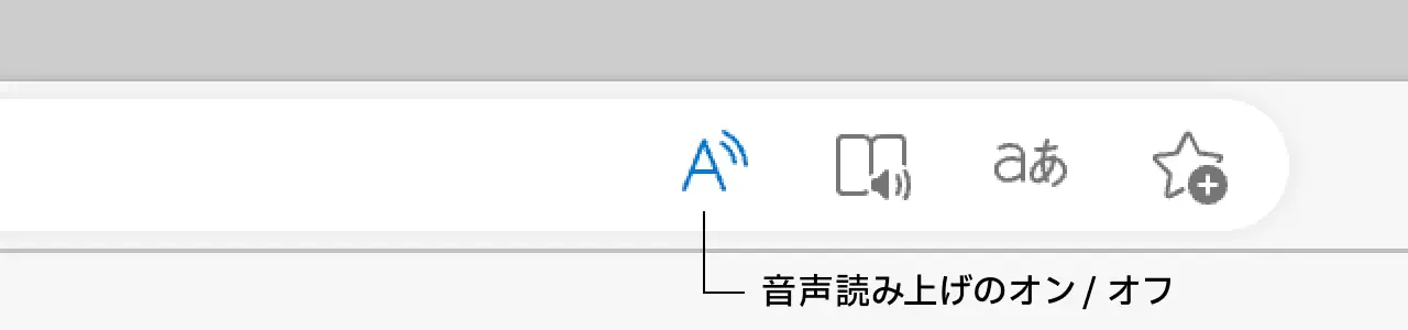Microsoft Edge のアドレスバーの右端のスクリーンショット。アイコンが 4 つ並んでおり最初のアイコンが音声読み上げのオン / オフ
