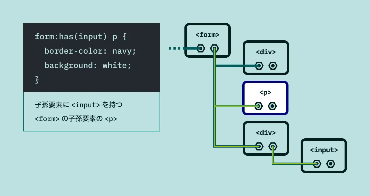 子孫要素に `<input>` を持つ `<form>` の子孫要素の `<p>` にスタイルを適用する例の図