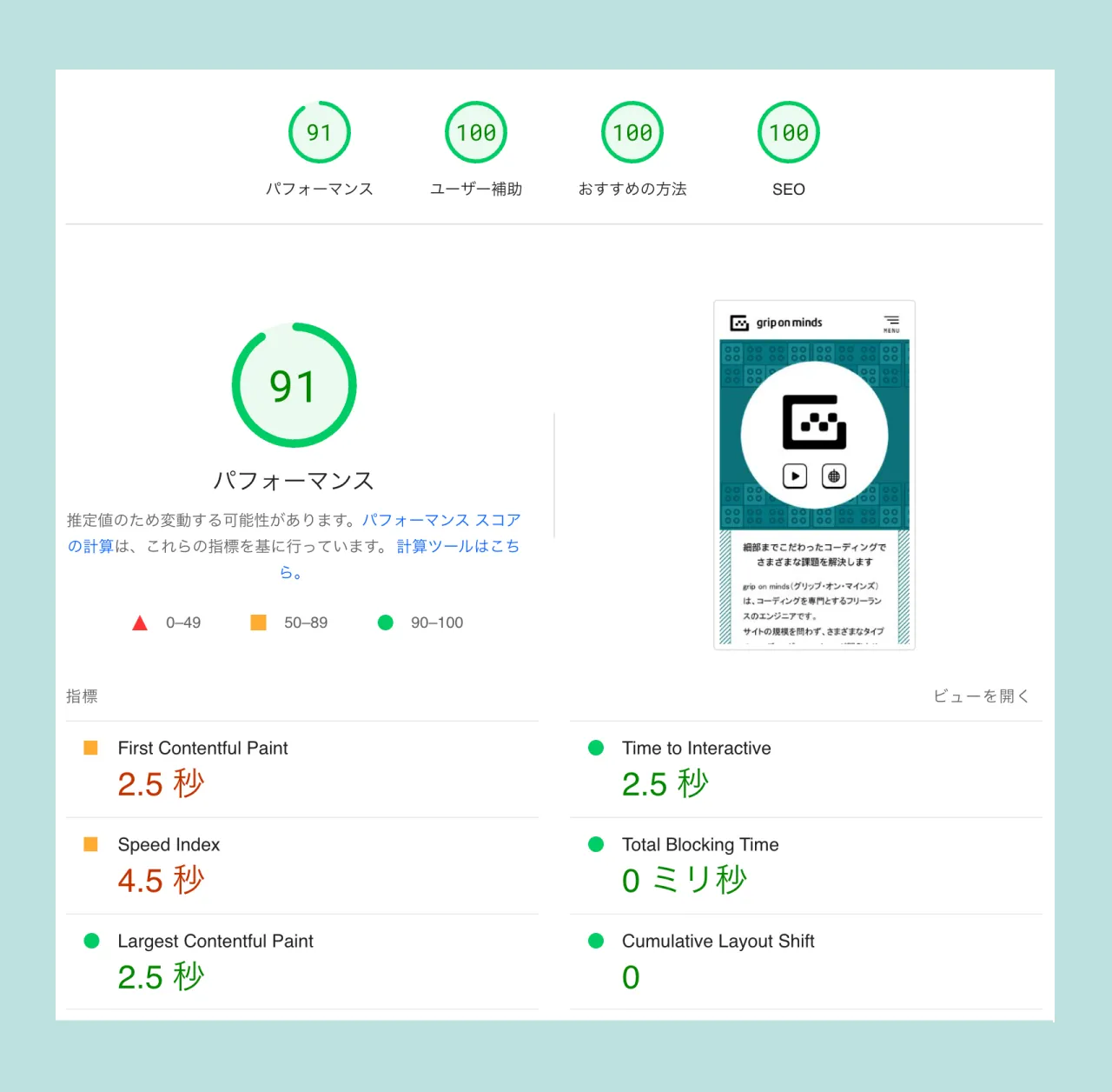 Lighthouse スコア（モバイル）: パフォーマンス 91、ユーザー補助 100、おすすめの方法 100、SEO 100