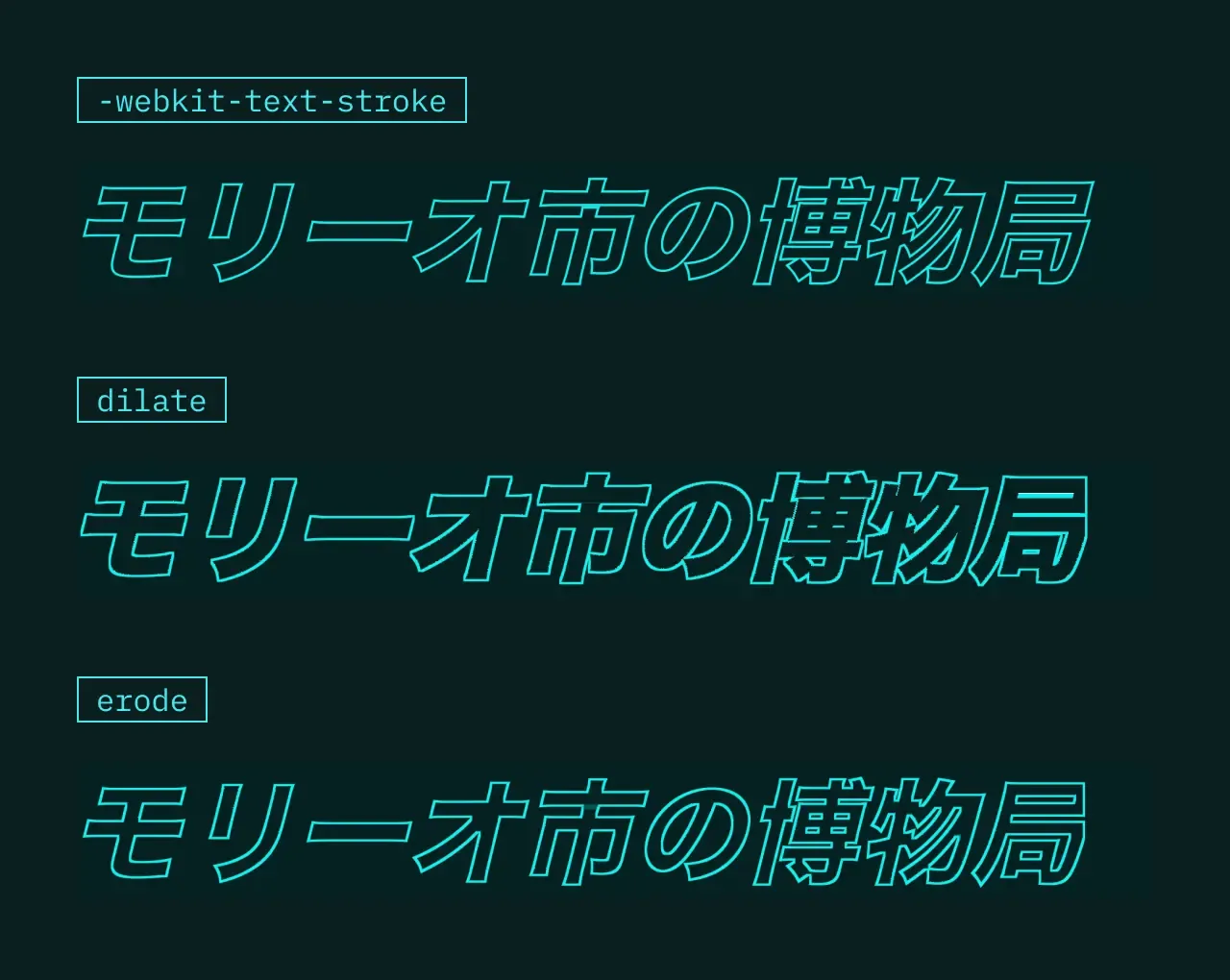 `-webkit-text-stroke`、`dilate`、`erode` それぞれの指定で縁取り文字を実装した状態を macOS Safari で表示したときのスクリーンショット