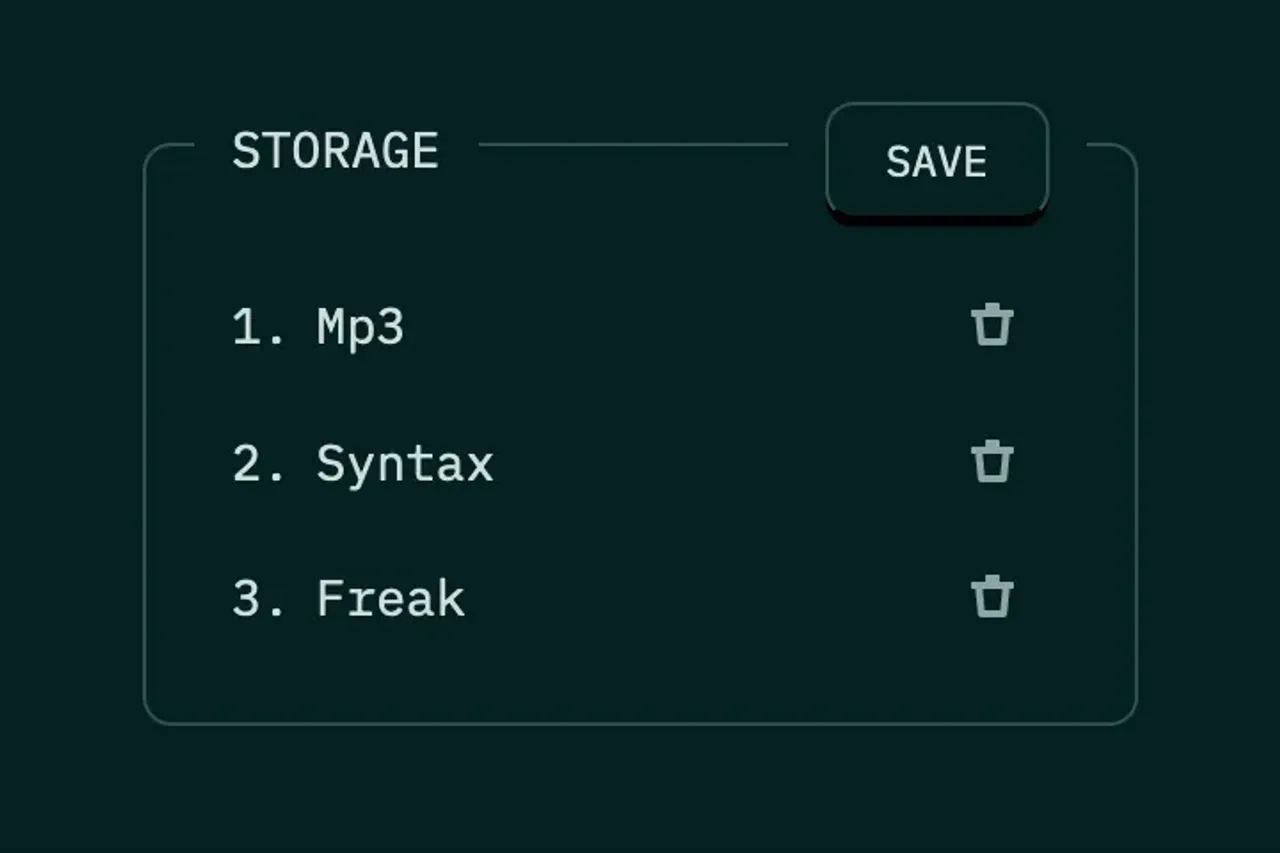 「STORAGE」のスクリーンショット。3 つのアイテムが登録されている