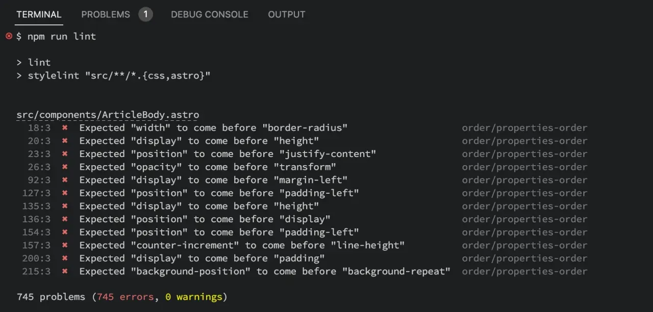 ターミナルで Stylelint を実行したときのスクリーンショット